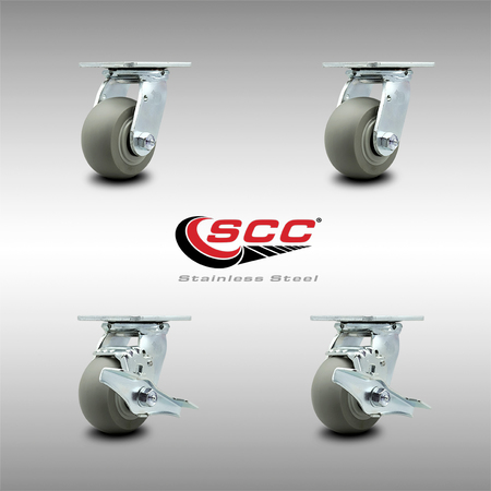 Service Caster 4 Inch SS Thermoplastic Rubber Swivel Caster Set with Ball Bearing 2 Brakes SCC SCC-SS30S420-TPRBD-2-TLB-2